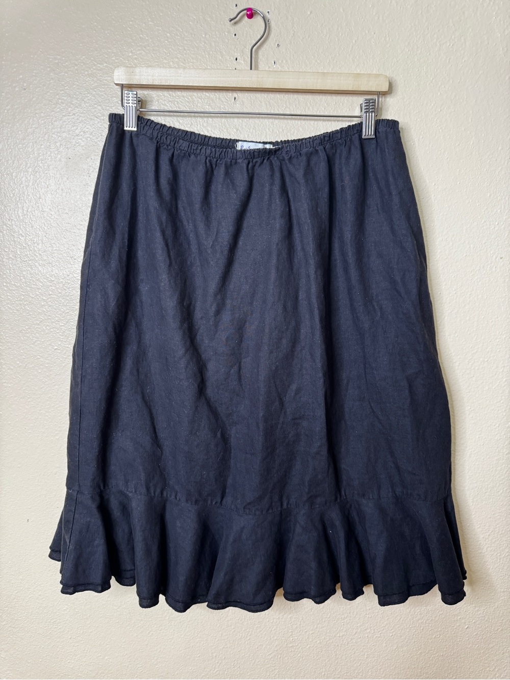 Fresh Produce Womens XL Black 100% Linen A-Line Skirt Elastic Waist Ruffle